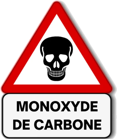 un panneau de signalisation rouge et blanc avec une tête de mort et l'inscription "monoxyde de carbone" indique un risque d'intoxication au monoxyde de carbone, un gaz mortel