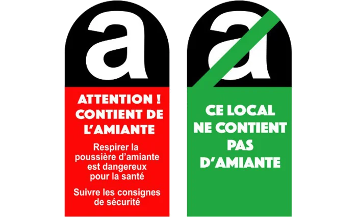 illustration de 2 signalétiques représentant les résultats d'un diagnostic amiante, l'une rouge pour informer de la présence d'amiante et l'autre verte pour signaler qu'il n'y a pas d'amiante