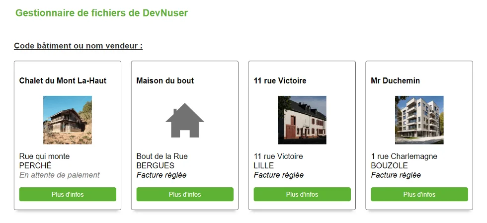 capture d'écran de l'extranet diagnostics présentant les Dossiers Bâtiments ou Vendeurs