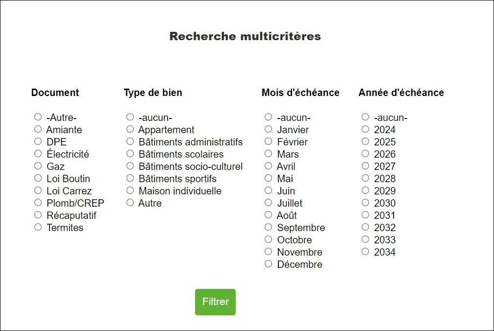 capture d'écran de l'extranet diagnostics présentant les filtres de recherche multicritères des Diagnostics Immobiliers